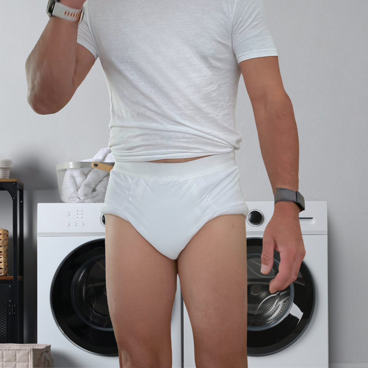 A man wearing white incontinence and a white t-shirt stands in front of a white washing machine, with his waist pulled up slightly to show the fit of the briefs.