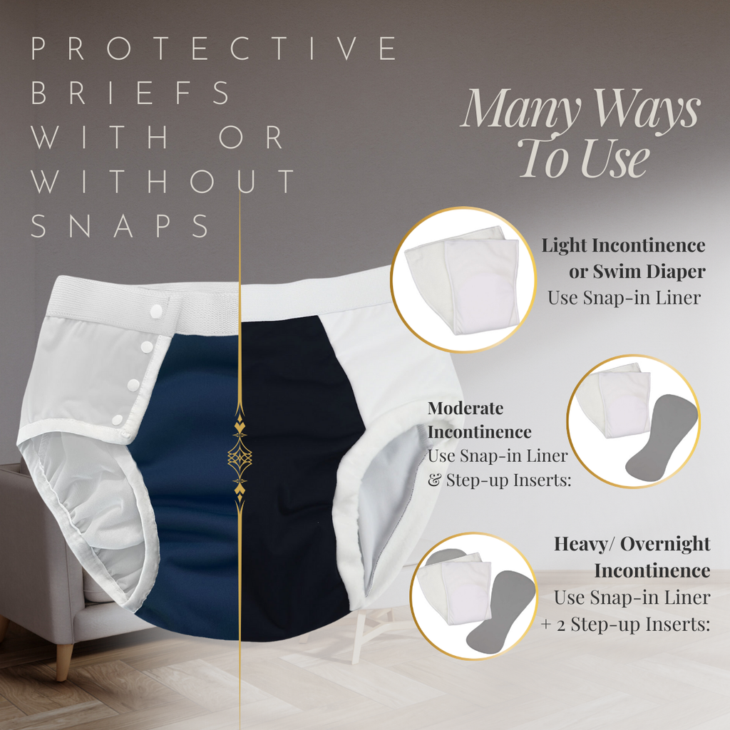 cloth diapers for adult incontinence in two styles, with or without snaps